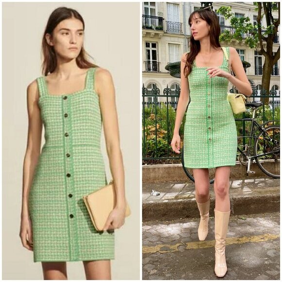 💕SANDRO💕 Lea Organic Cotton Blend Square Neck Tweed Dress ~ Vert Green 34 - Picture 1 of 16